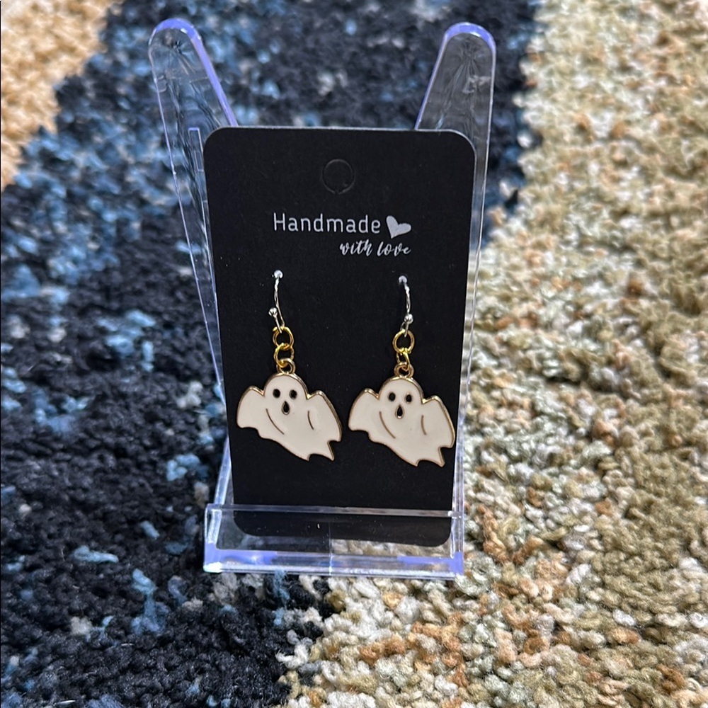 Ghost Earrings White w/Gold Accents Halloween NWT Spooky Cute Style Handcrafted
